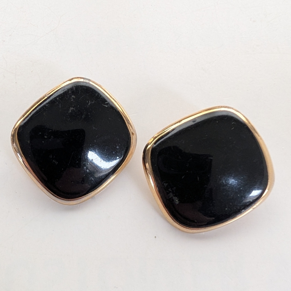 Vintage Retro Gold Tone Black Enamel Abstract Mob Wife 80s Post Stud Earrings
